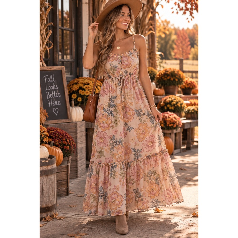 Patrons of Peace Floral Maxi Dress Small Pink Orange Chiffon Tiered Boho